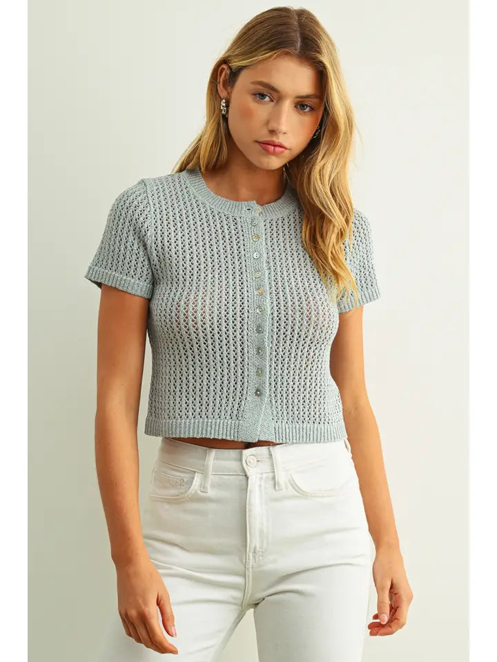 Button Front Short Sleeve Knit Top - Aqua Grey