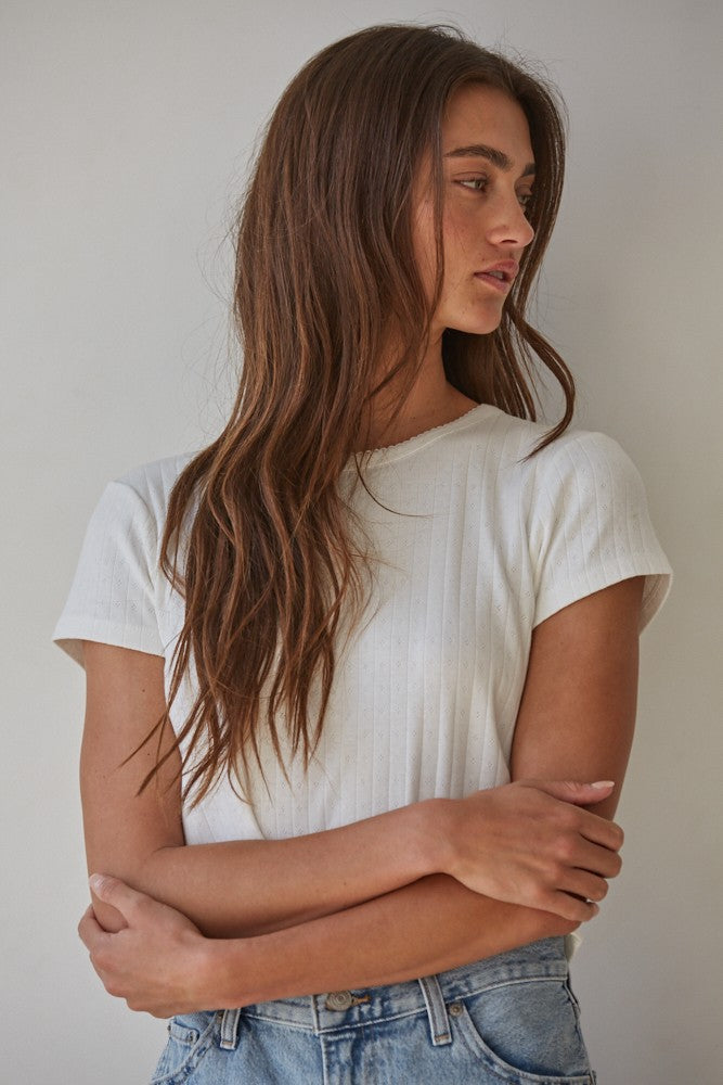 Knit Pointelle Ribbed Top - Off White