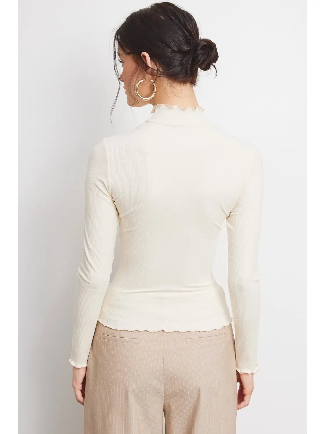 Lettuce Trim Detail Basic Soft Ribbed Top - Cream