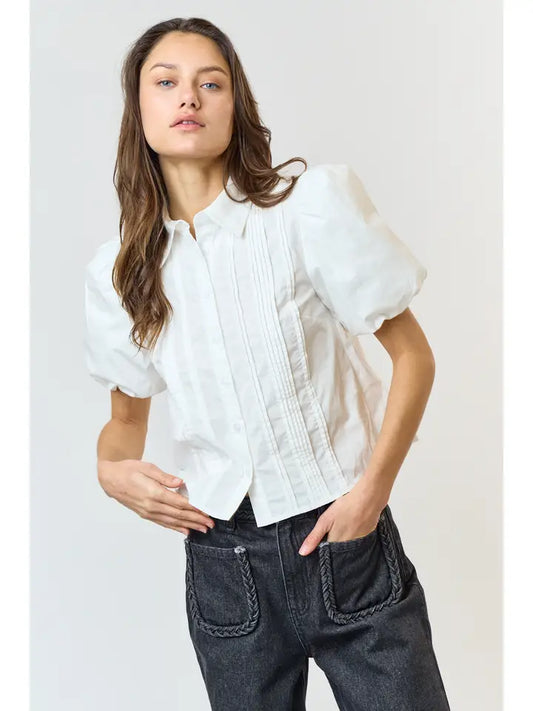 Puff Sleeve Pintuck Collared Shirt - Ivory