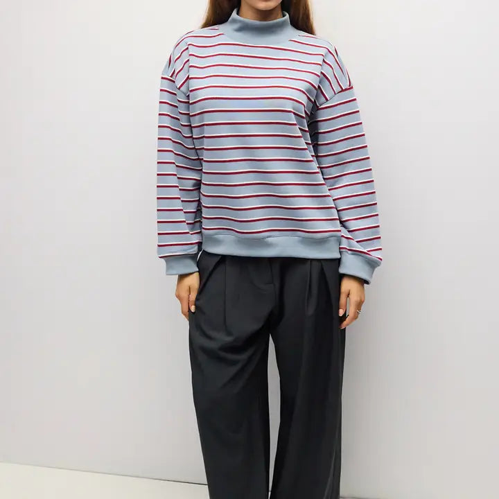 Mock Neck Striped Sweater - Blue + Burgundy