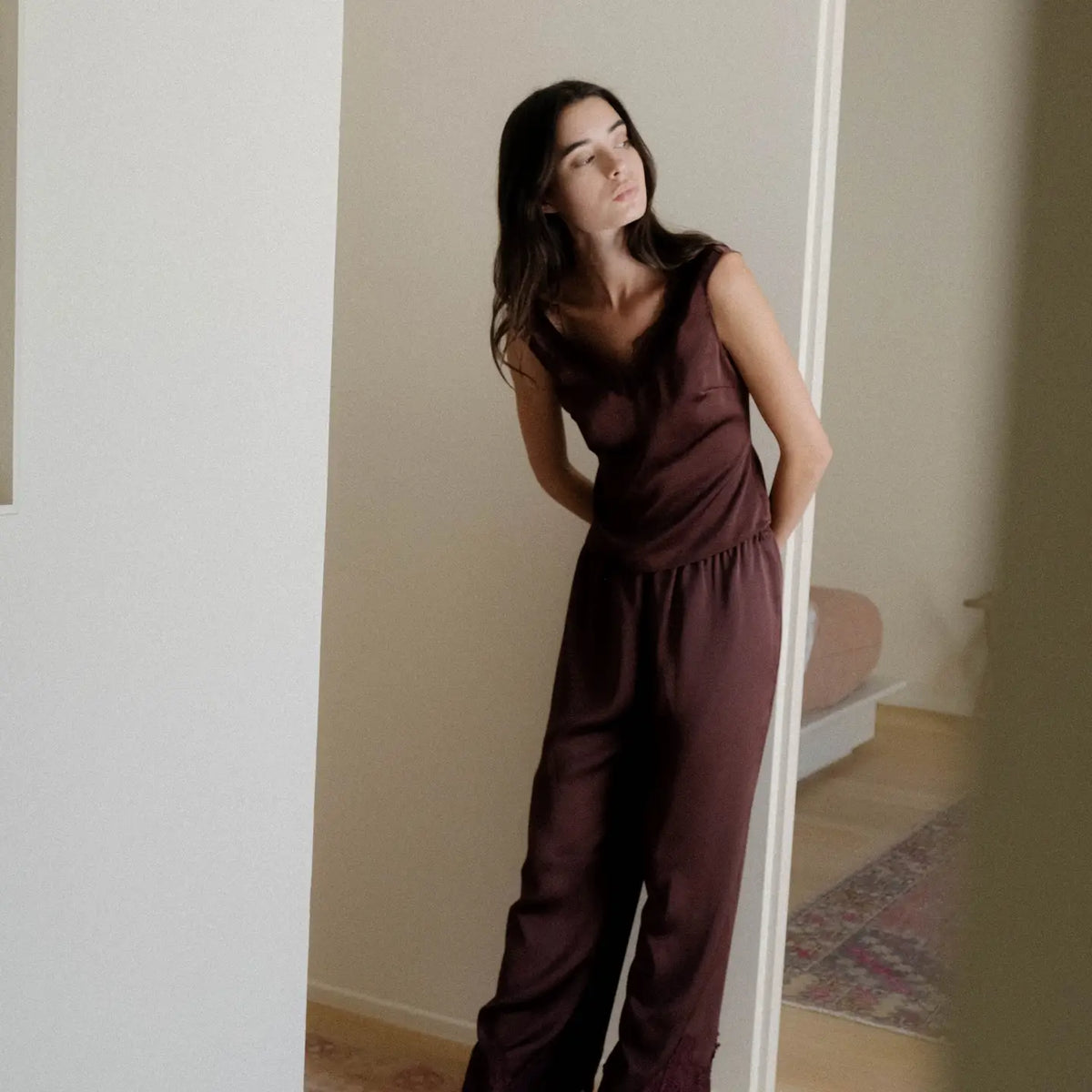 Elastic Wide Leg Satin Pant - Plum