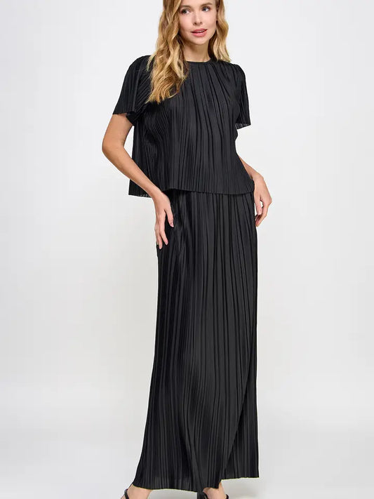 Pleated Short Sleeve Top + Maxi Skirt Set - Black