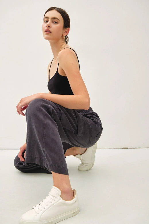 High Rise Drawstring Wide Leg Cargo - Charcoal