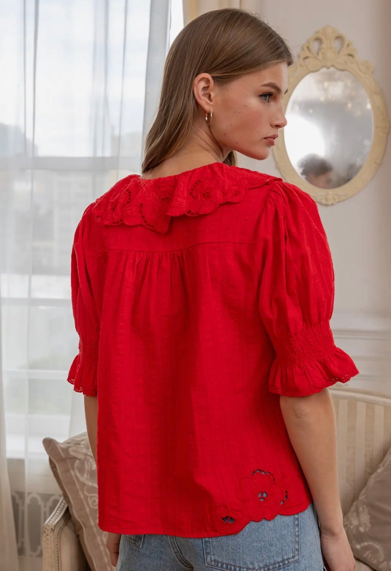 Ruffle Trim Lace Detail Blouse - Red