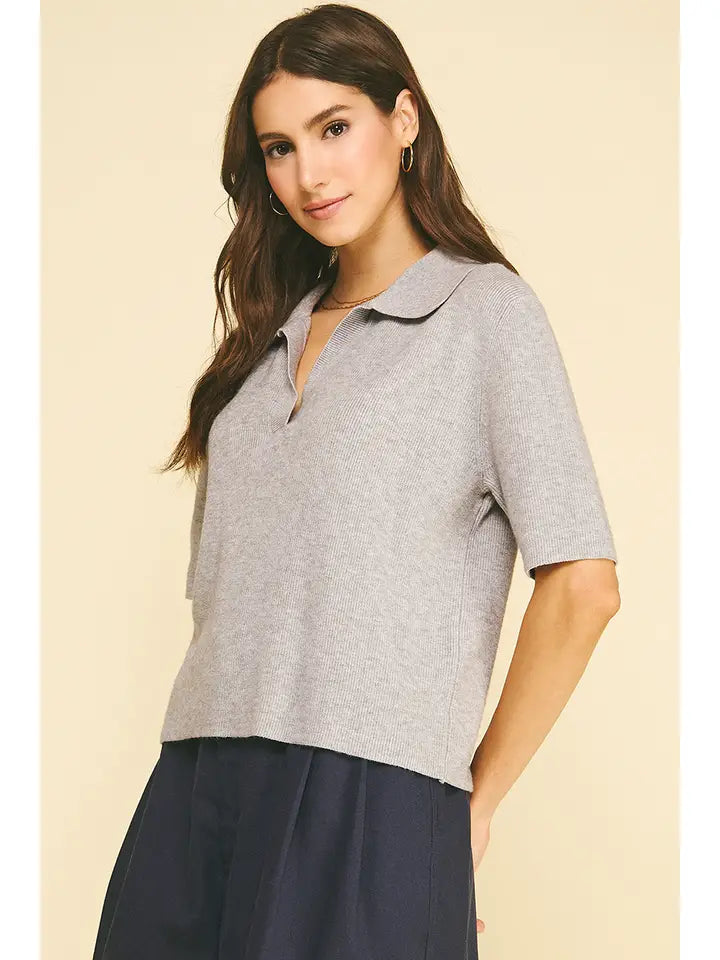 Ribbed Short Sleeve Polo Sweater - Heather Grey