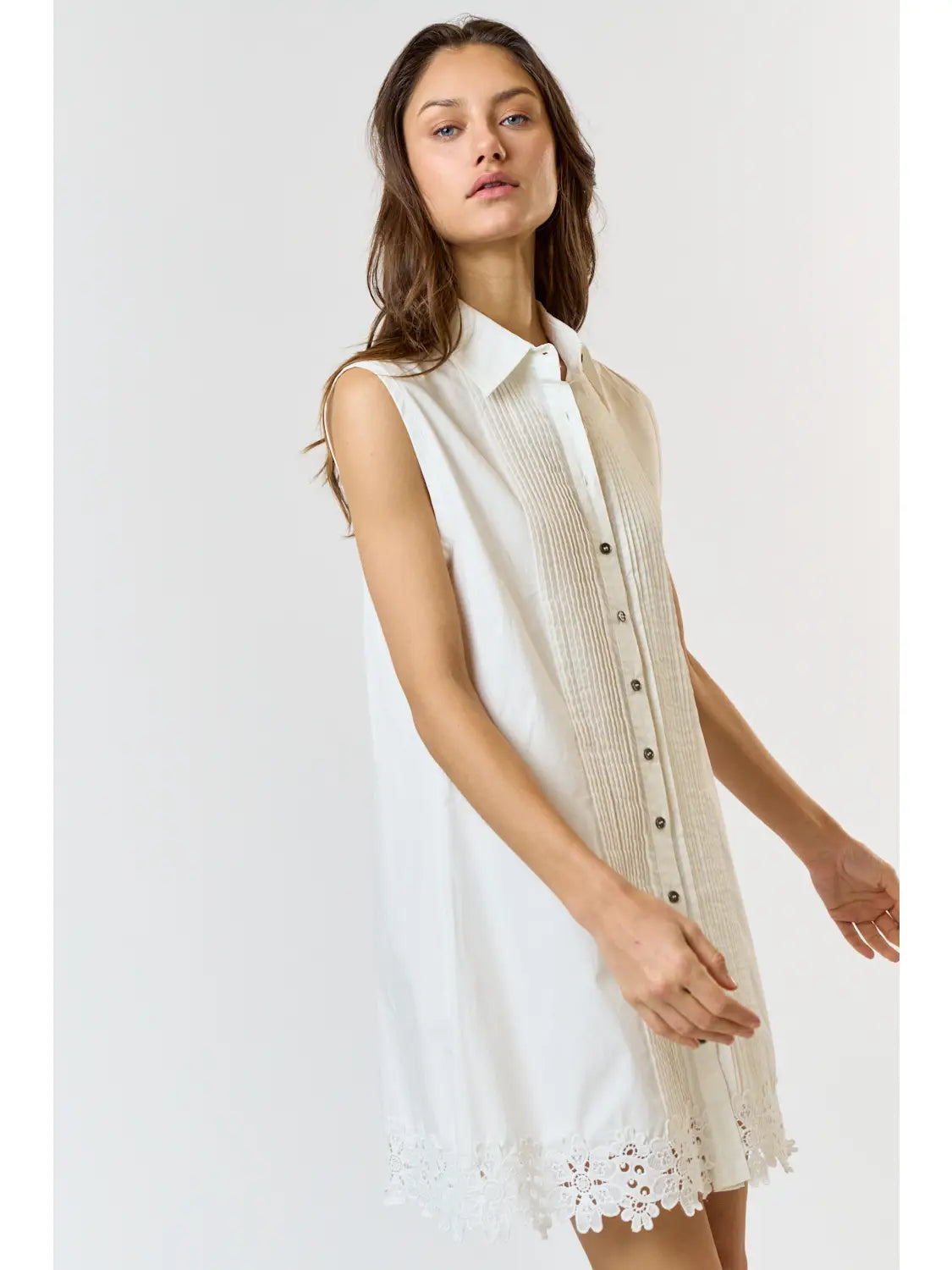 Lace Pintuck Collared Button Down Sleeveless Dress - Off White