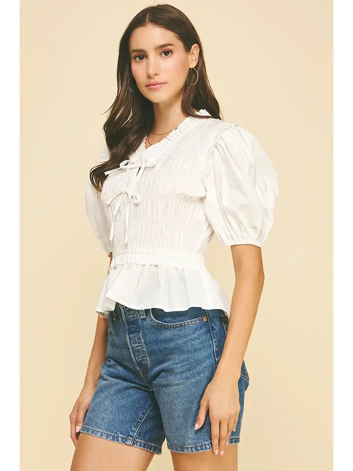 Front-Tie Shirring Blouse - White