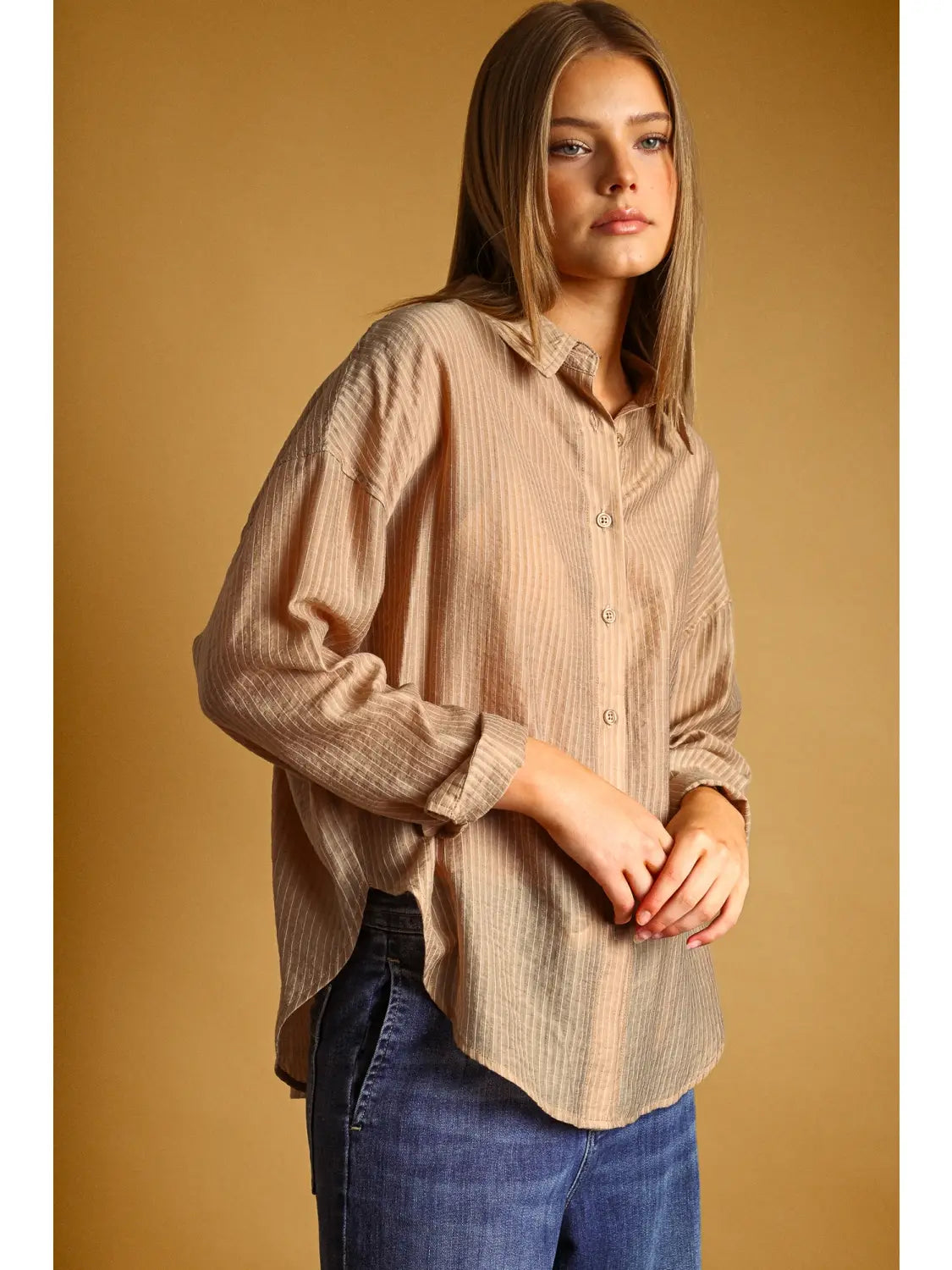 Pin Striped Sheer Button Front - Mocha