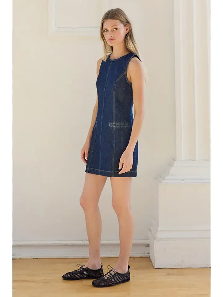 Sleeveless Denim A-Line Mini Dress - Dark Denim
