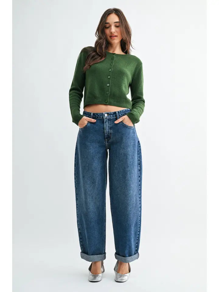 Mid Rise Cuffed Barrel Jean - Dark Denim