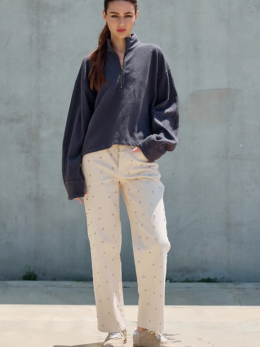 Textured Half Zip Pullover - Washed Charcoal