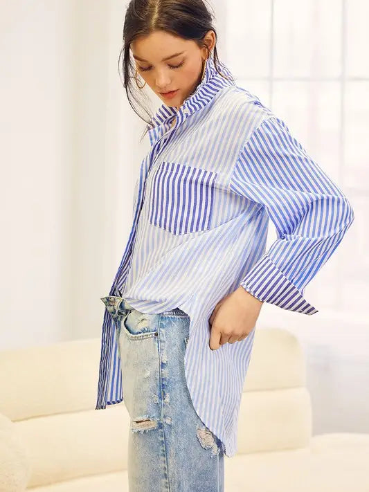 Colorblock Striped Collar Shirt - Blue Multi