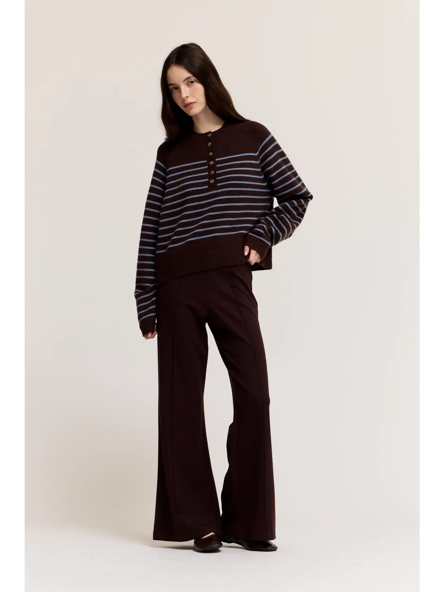 Grade + Gather - Knit Stripe Henley - Chocolate + Blue