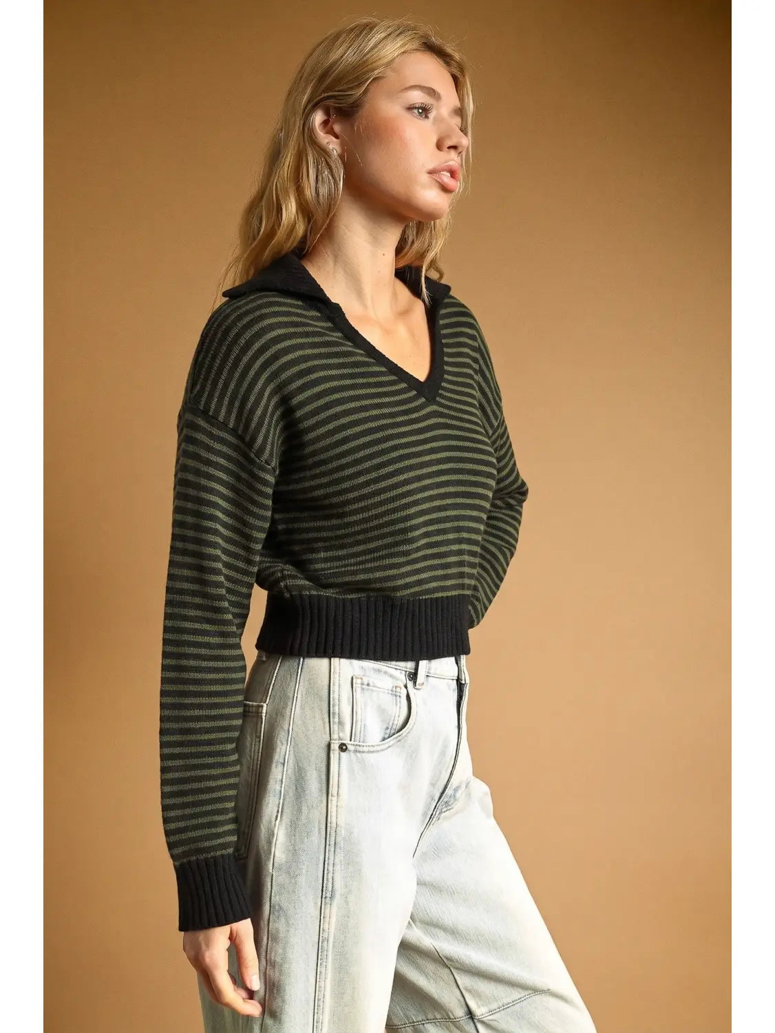 Striped Pattern V-Neck Collar Sweater Top - Olive + Black