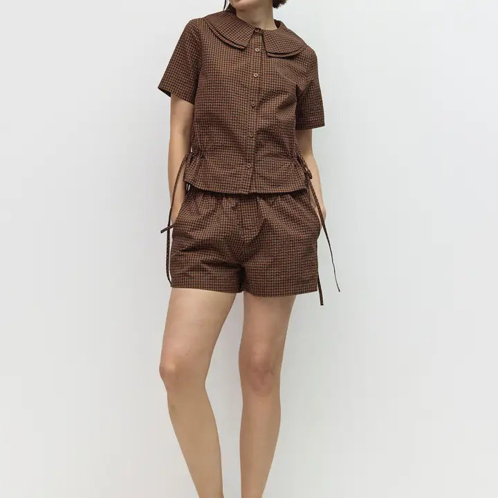 Plaid Elastic Waist Shorts - Brown & Navy