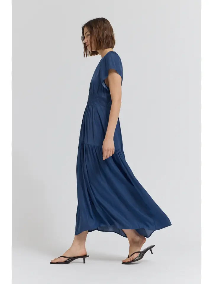 Grade + Gather - Ruffle Satin Midi Dress - Blue Corn