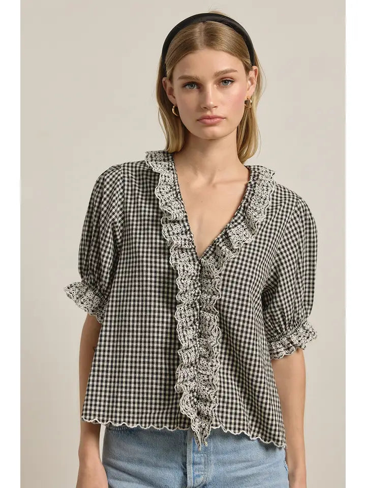 Lace Ruffle Blouse - Black Gingham