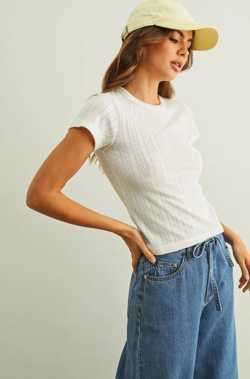 Pointelle Short Sleeve Top - White