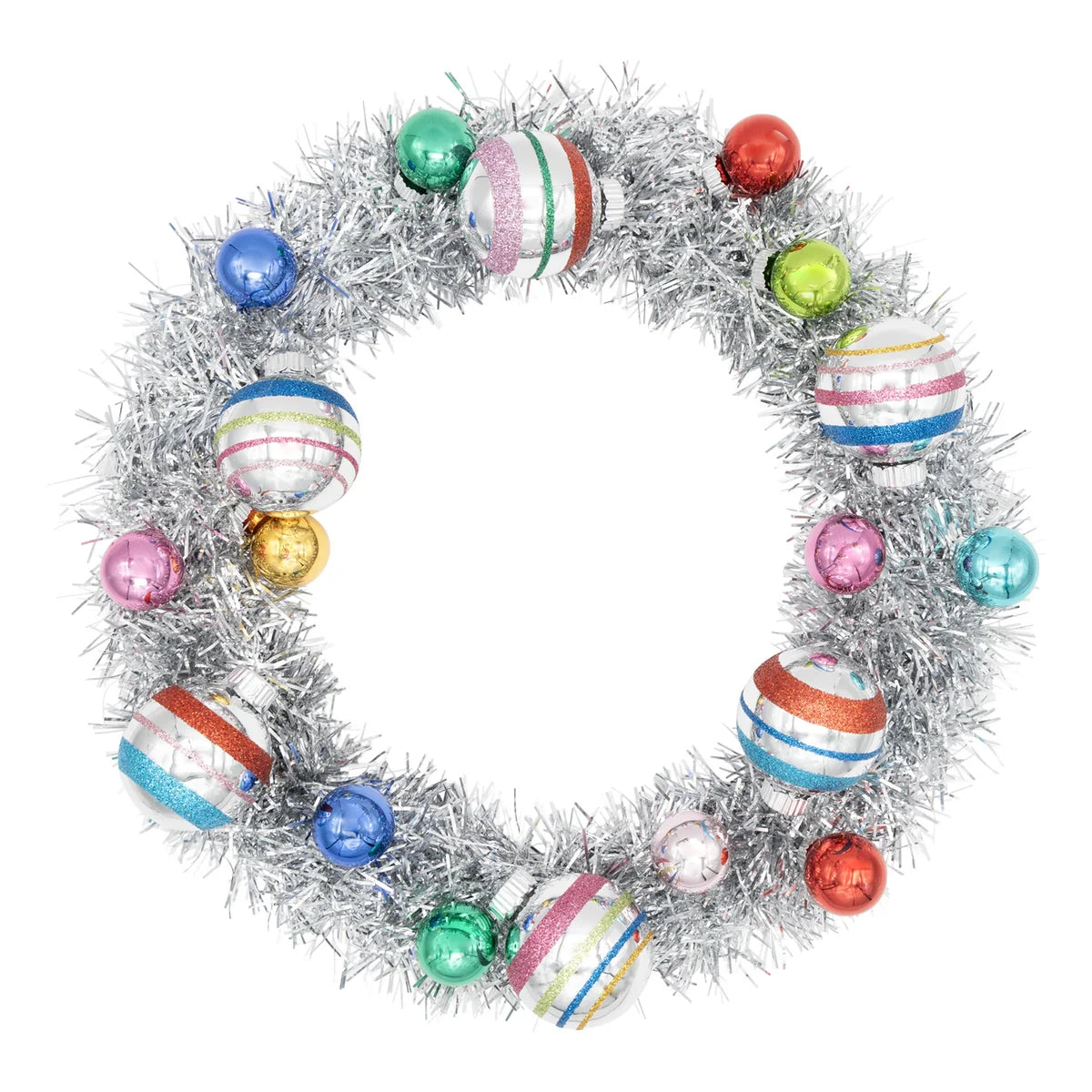 Shiny Brite - Christmas Confetti Silver Tinsel Wreath with 1" and 1.75" Rounds