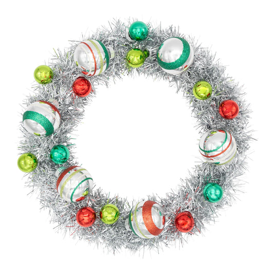 Shiny Brite - Holiday Splendor Silver Tinsel Wreath with 1" and 1.75" Rounds