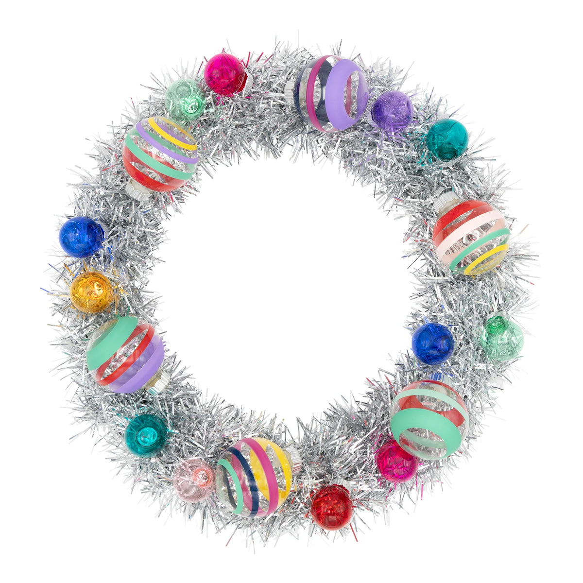 Shiny Brite - Vivid Vintage Silver Tinsel Wreath with 1" and 1.75" Rounds