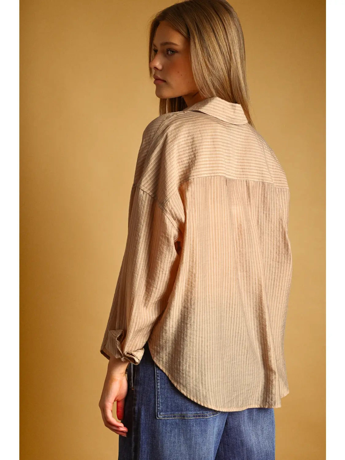 Pin Striped Sheer Button Front - Mocha