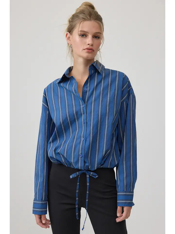 Button Up Drawstring Top - Blue Stripe