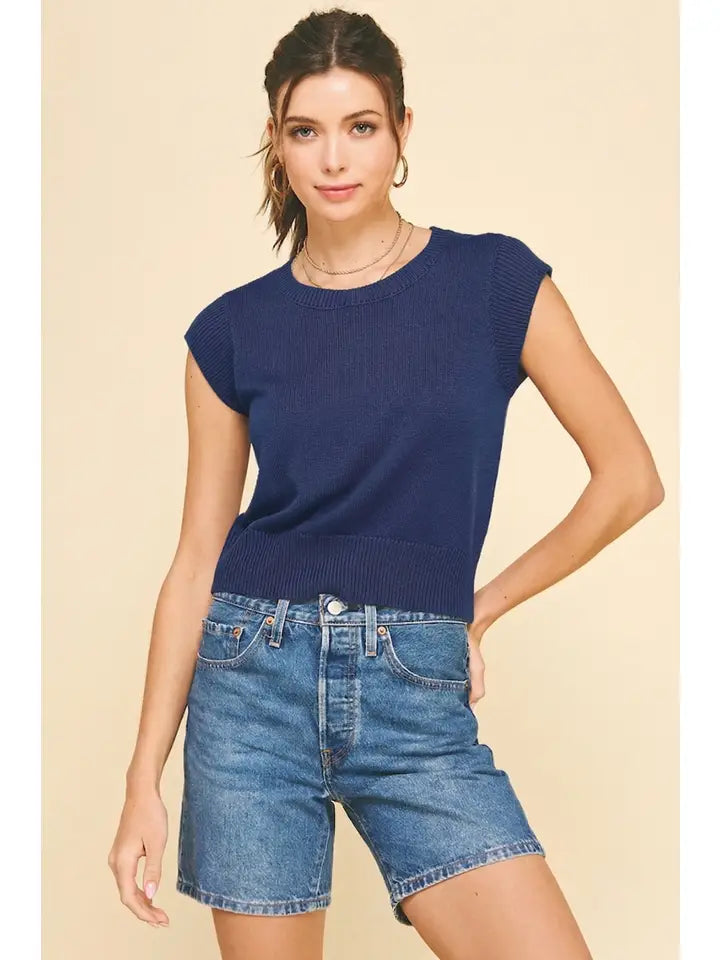Cap Sleeveless Knit Top - Denim Blue