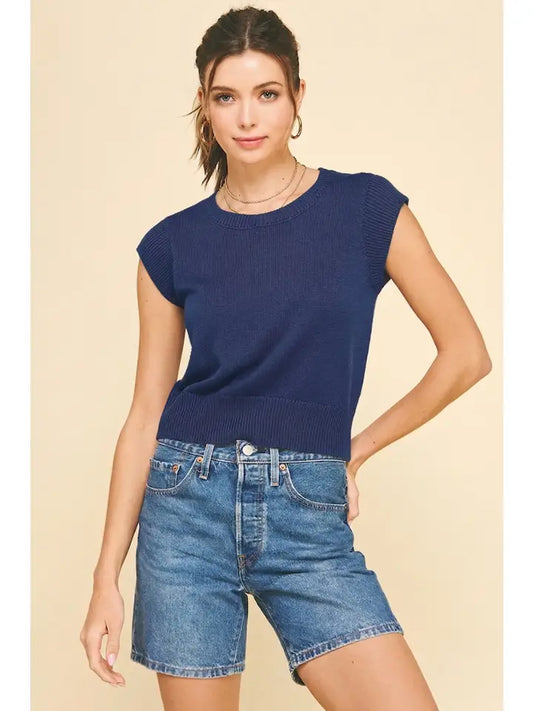 Cap Sleeveless Knit Top - Denim Blue