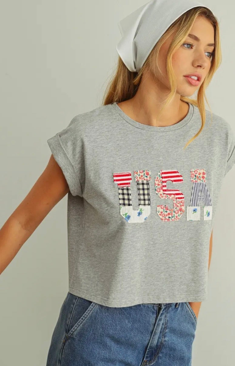 USA Floral Patchwork Tee - Ivory