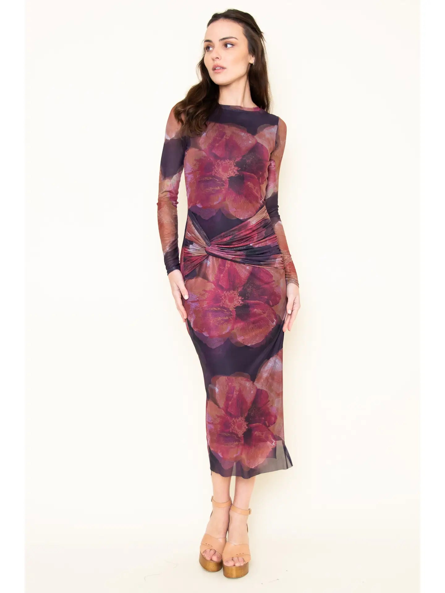 Crew Neck Floral Mesh Maxi Dress - Violet Multi