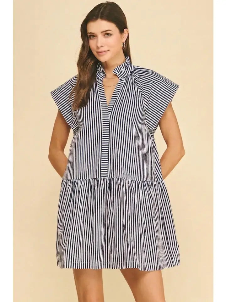 Ruffle Tunic Mini Dress - Navy Stripe