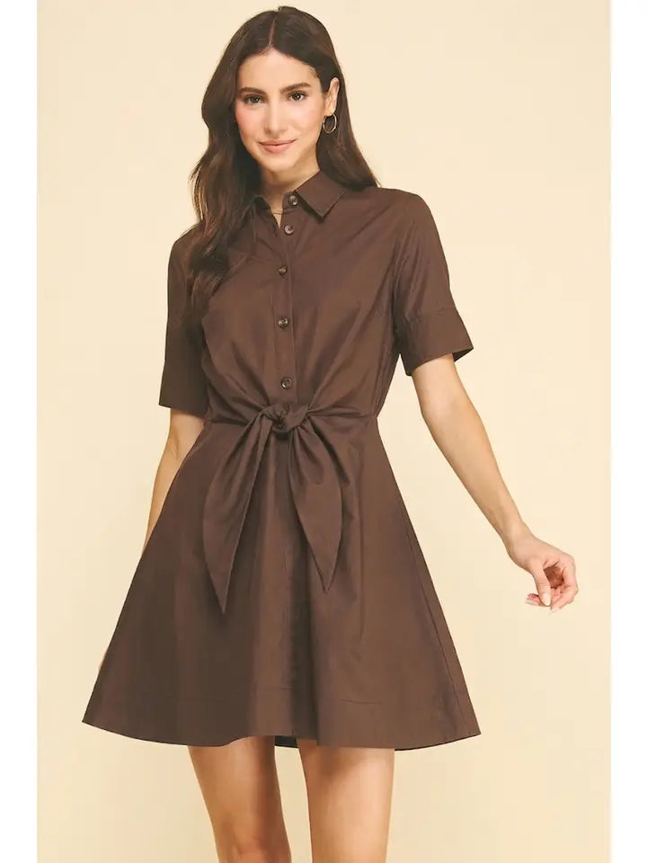 Tie-Front Button Down Mini Dress - Espresso