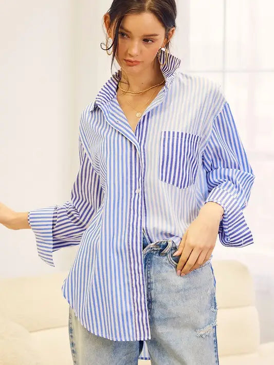 Colorblock Striped Collar Shirt - Blue Multi