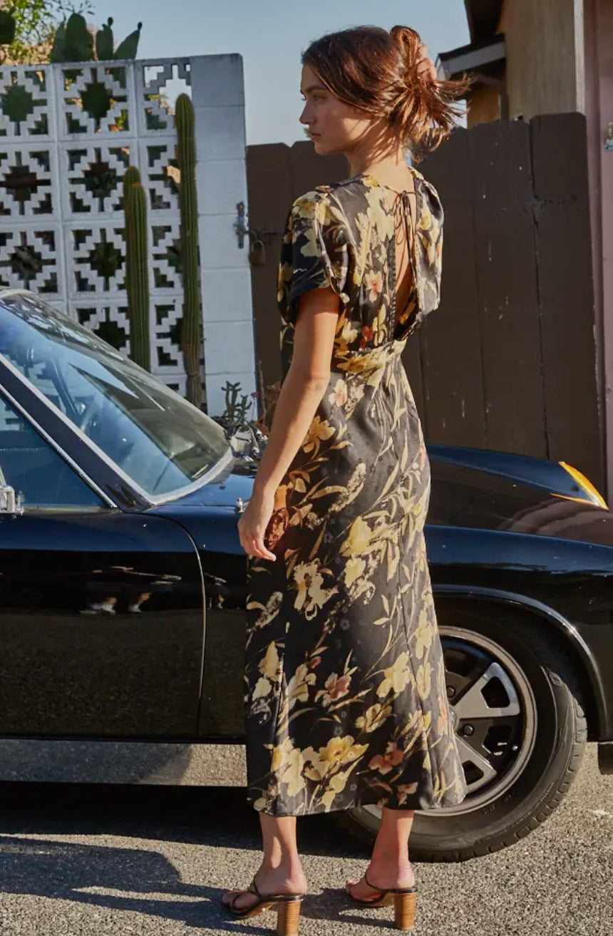 Lace Detail V-Neck Maxi - Black Floral