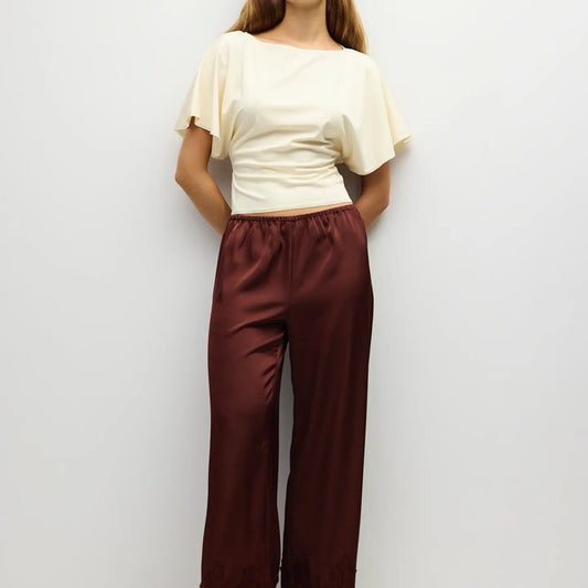 Elastic Wide Leg Satin Pant - Brown