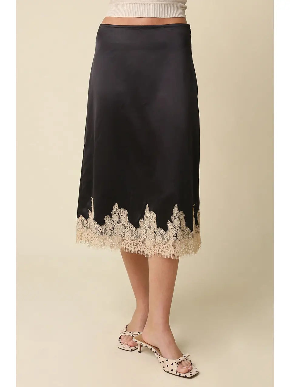 Lace Trim Satin Midi Skirt - Black Champagne