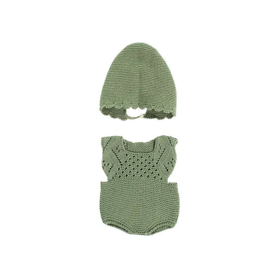 Miniland - Knitted Doll Outfit - Overall + Beanie Hat - Green
