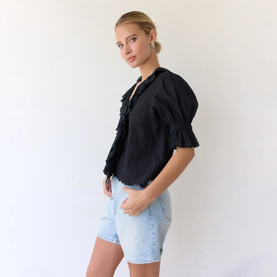 V-Neck Ruffle Blouse - Black