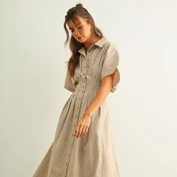 Button Down Dress - Brown Stripe