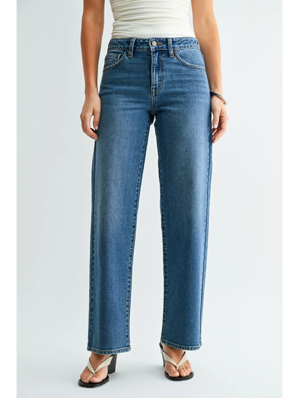 Relaxed Low Rise Stretch Straight Denim - Dark Denim