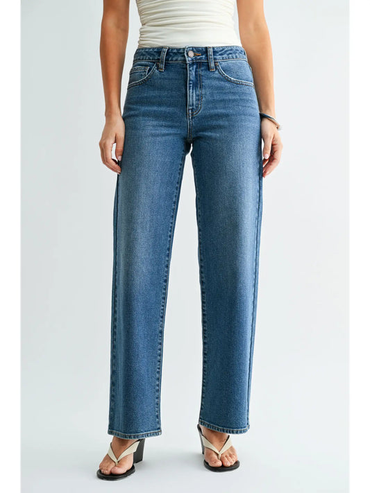 Relaxed Low Rise Stretch Straight Denim - Dark Denim