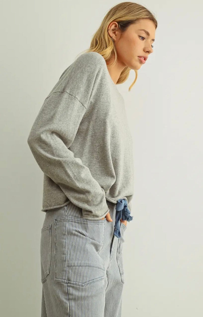 Essential Long Sleeve Roll Hem Top - Grey
