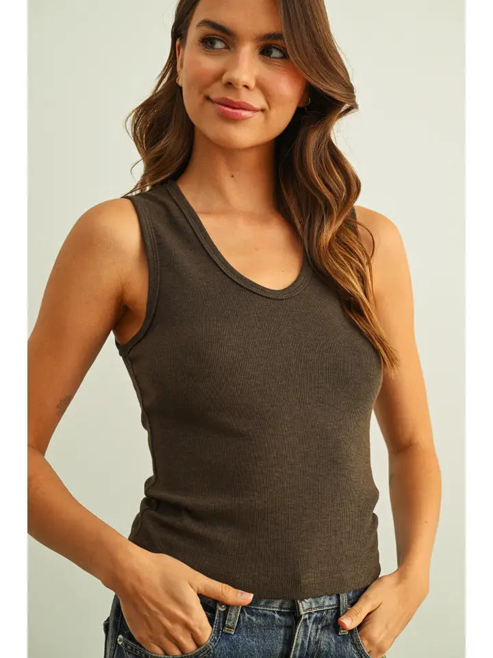 U-Neck Shape Ribbed tank - Olive