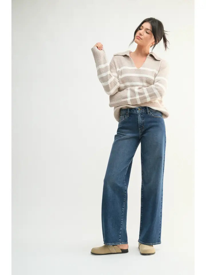 Mid Rise Slim Wide Leg Pant - Medium Denim