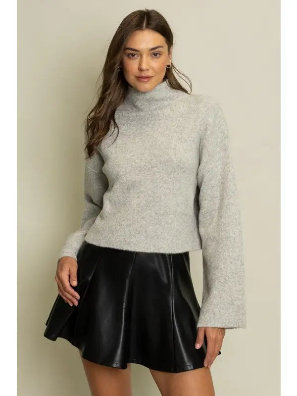 Mock Neck Sweater Crop Top - Melange Grey