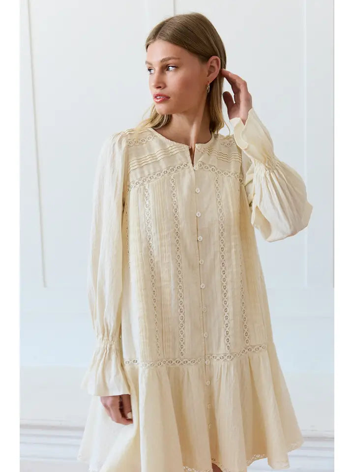 Lace Pintuck Tiered Tunic Dress - Cream