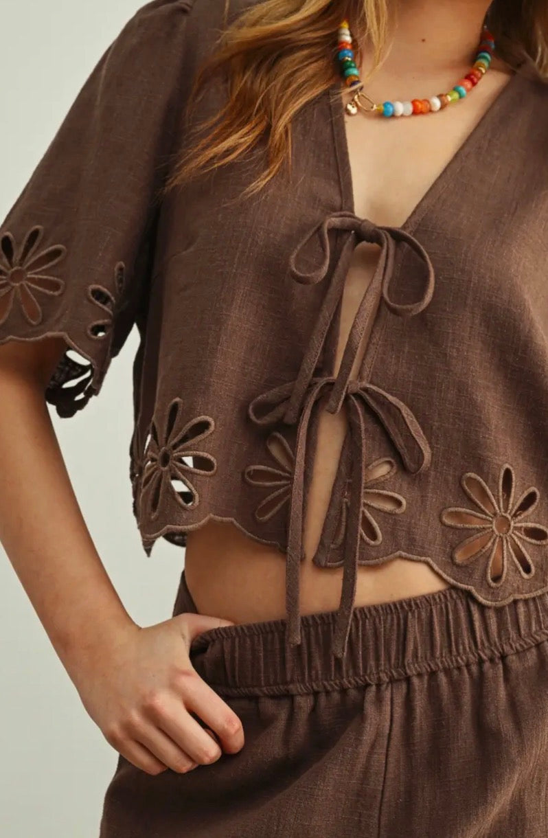 Embroidered Tie Front Top - Chocolate Brown
