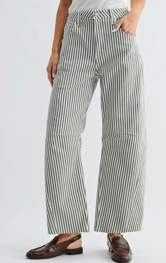 Barrel Jeans with Seams - Olive Stripe